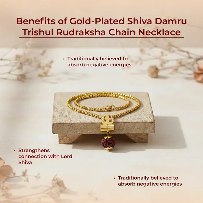 Gold-Plated Shiva Damru Trishul Rudraksha Chain Necklace