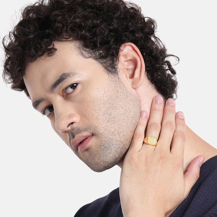 Man wearing a square gold plated CZ 925 Sterling Silver ring. Perfect jewellery gift for him – Zavya