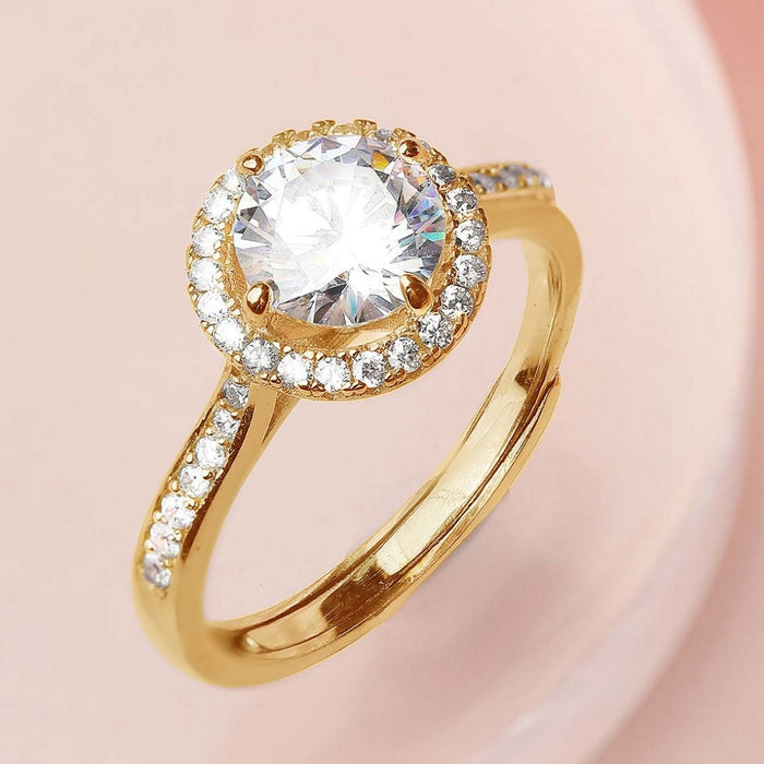 925 Sterling Silver Golden Aura Gold-Plated 925 Sterling Silver Solitaire Halo Ring for Her (Adjustable) for Women – Zavya