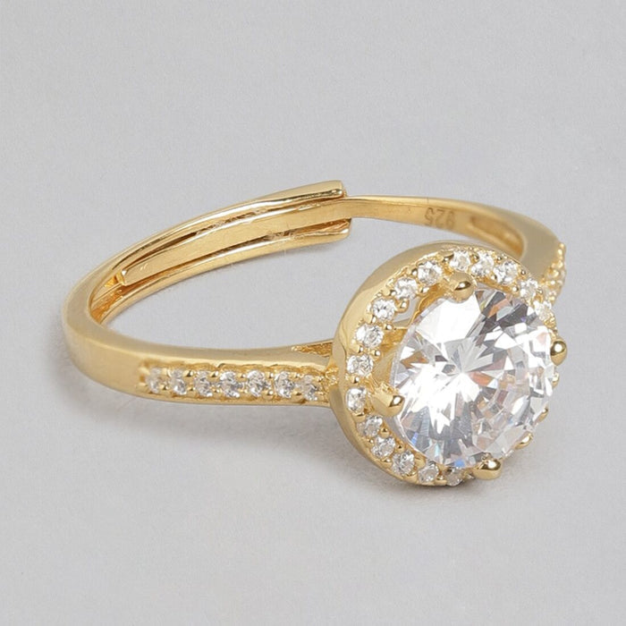 Adjustable gold-plated 925 Sterling Silver solitaire halo ring for women with clear stones – Zavya