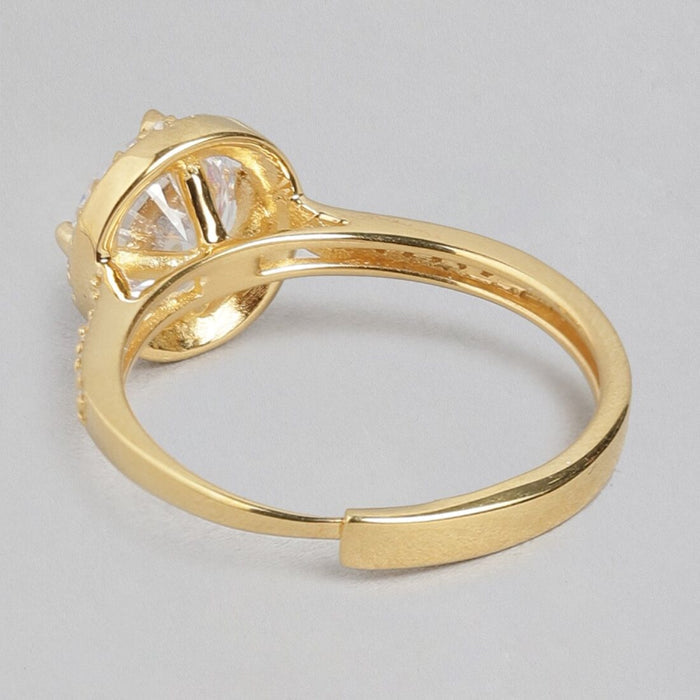Back view of gold-plated 925 Sterling Silver adjustable ring for women showing solitaire halo setting – Zavya