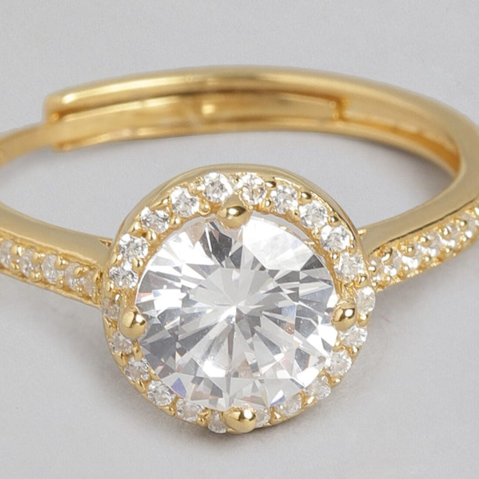 Gold-plated 925 Sterling Silver adjustable solitaire halo ring for women with clear stones – Zavya