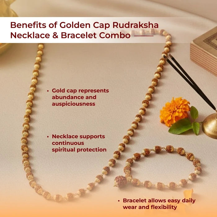 Golden Cap Rudraksha Necklace & Bracelet Combo - view 5
