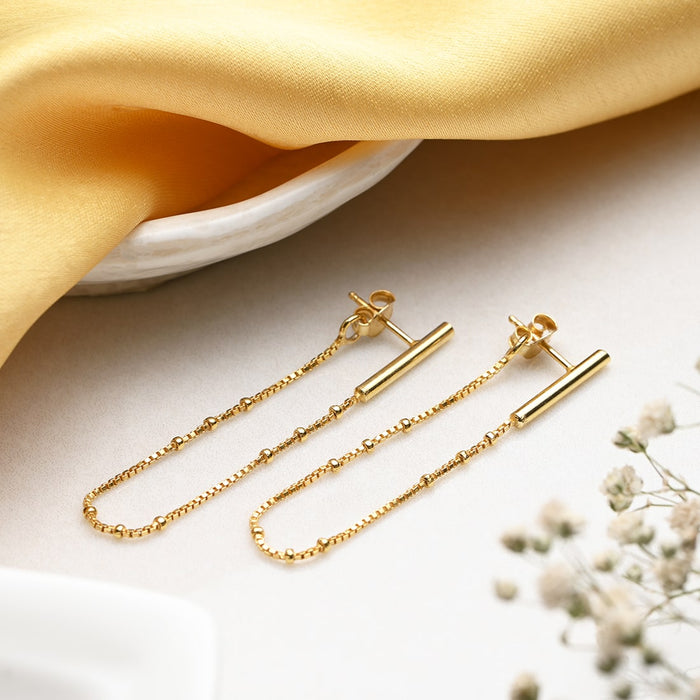 Golden Cascade 925 Sterling Silver Stud Earrings with Drop Chain Look