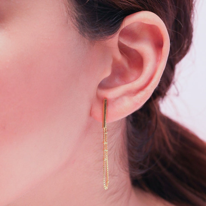 Golden Cascade 925 Sterling Silver Stud Earrings with Drop Chain Look