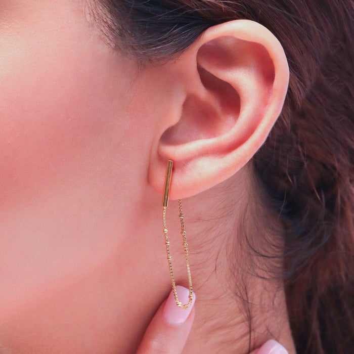 Golden Cascade 925 Sterling Silver Stud Earrings with Drop Chain Look
