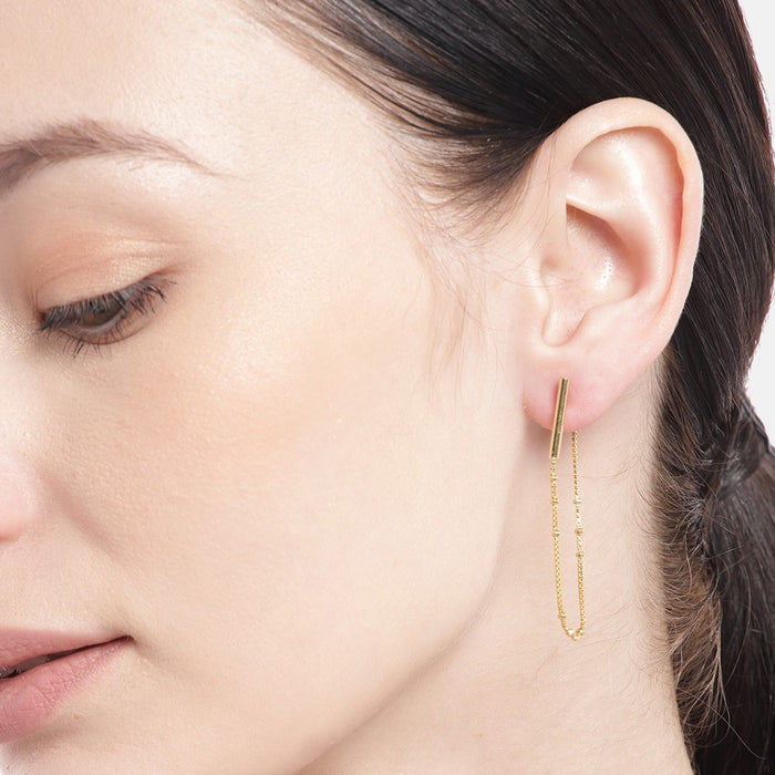 Golden Cascade 925 Sterling Silver Stud Earrings with Drop Chain Look