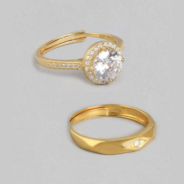 Golden Embrace 925 Sterling Silver Gold-Plated Cubic Zirconia Couple Ring (Adjustable)