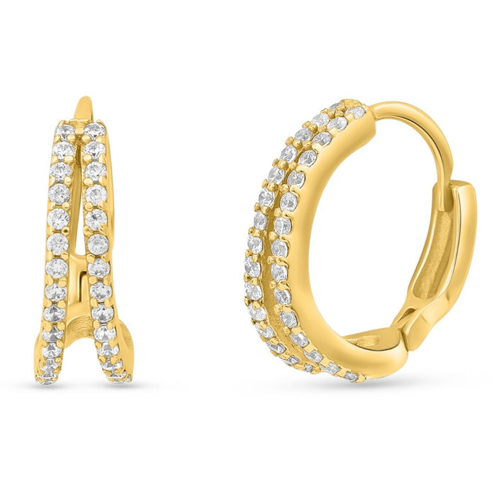 Gold plated 925 Sterling Silver hoop earrings for women with double rows of sparkling stones – Zavya