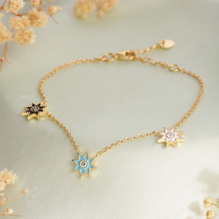 Golden Night Sky CZ Star Charms 925 Sterling Silver Gold Plated Bracelet