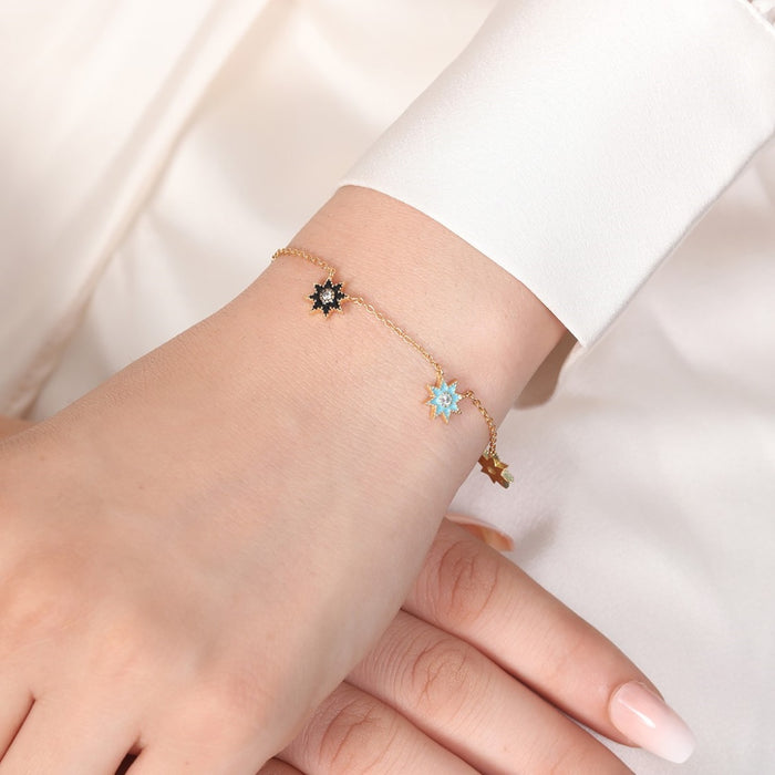 Golden Night Sky CZ Star Charms 925 Sterling Silver Gold Plated Bracelet
