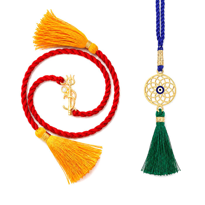 Golden Om Bond Gold Plated Silver Rakhi and Evil Eye Lumba Combo