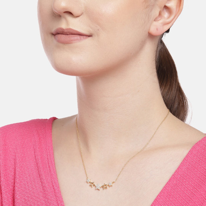 Golden Star Studded With CZ 925 Sterling Silver Necklace Chain