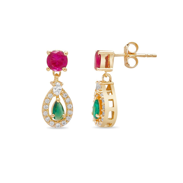 925 Sterling Silver gold-plated tear drop earrings for women with red and green gemstones – Zavya