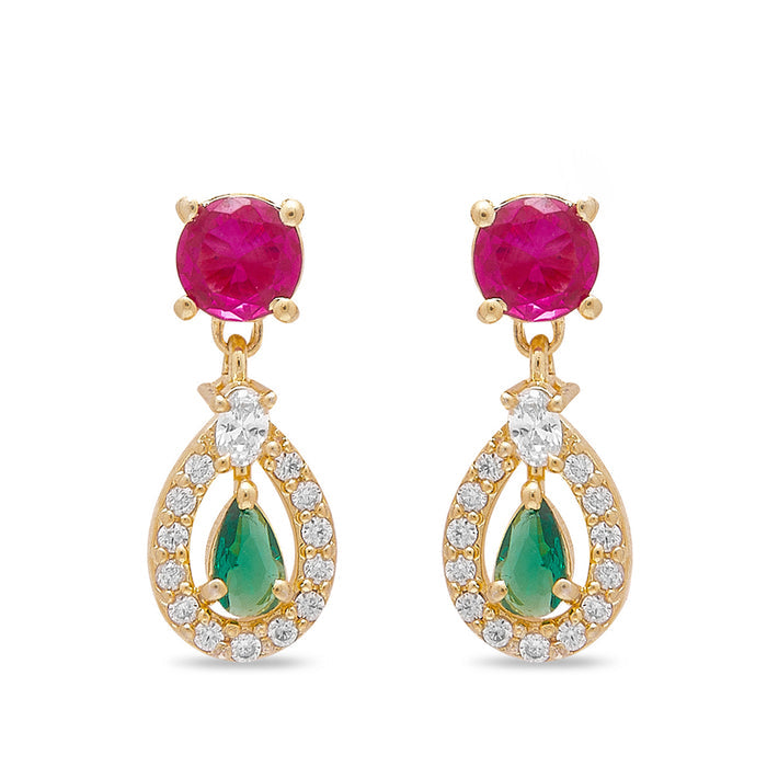 Women's 925 Sterling Silver gold-plated tear drop earrings with pink and green stones – Zavya