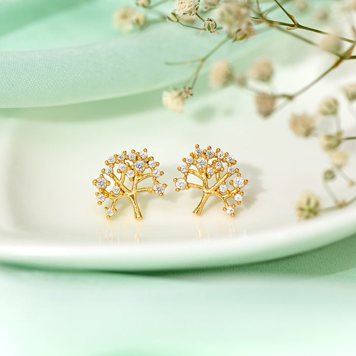 Golden Tree of Elegance 925 Sterling Silver Stud Earrings