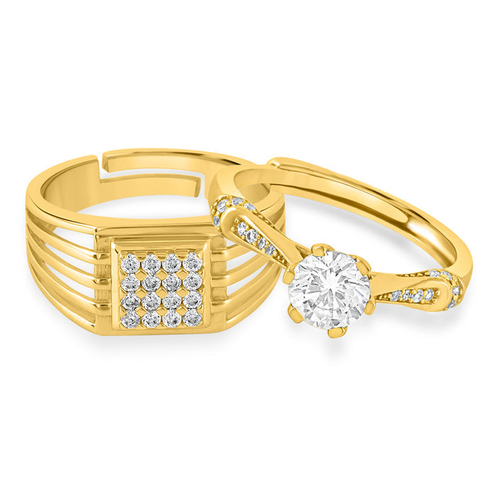 Gold-plated 925 Sterling Silver couple rings for women. Adjustable his & hers bands with square & round stones – Zavya