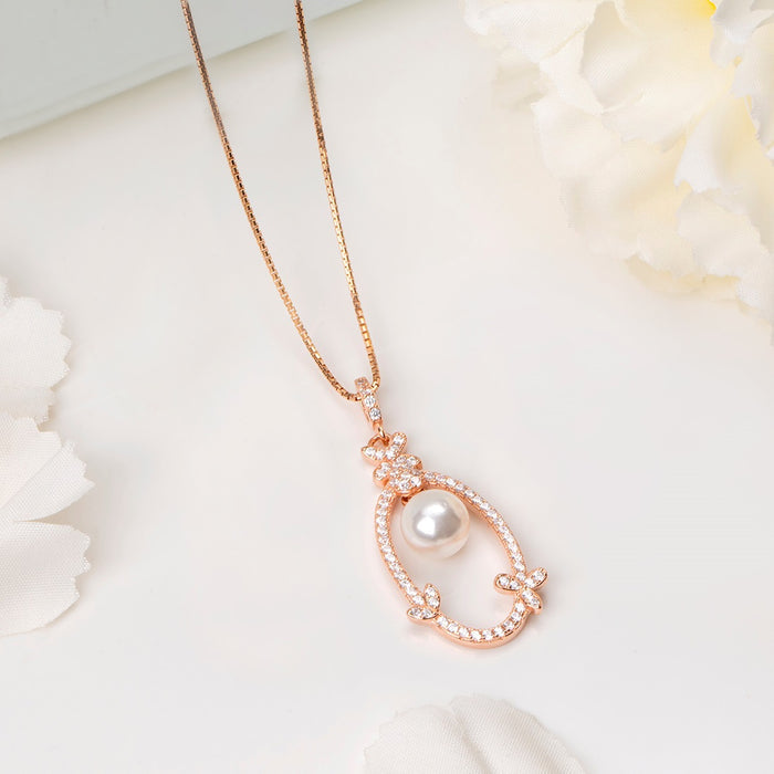 Graceful Allure Rose Gold Pearl & CZ 925 Sterling Silver Pendant with Chain