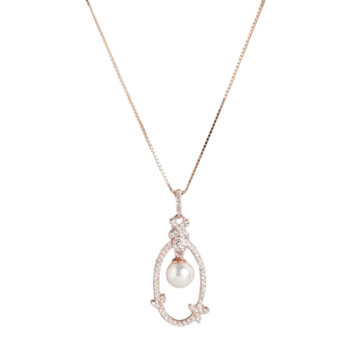 Graceful Allure Rose Gold Pearl & CZ 925 Sterling Silver Pendant with Chain