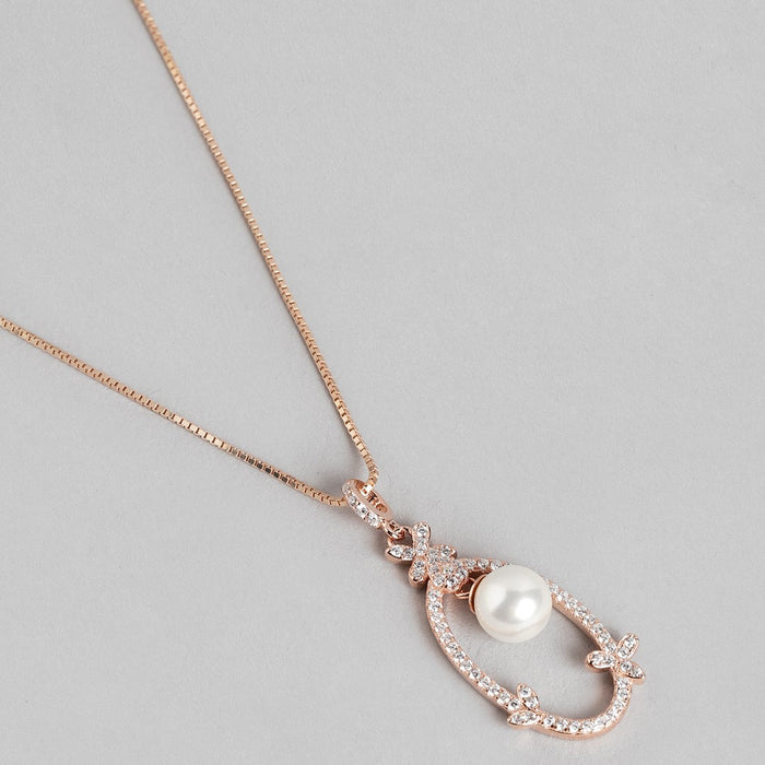 Graceful Allure Rose Gold Pearl & CZ 925 Sterling Silver Pendant with Chain