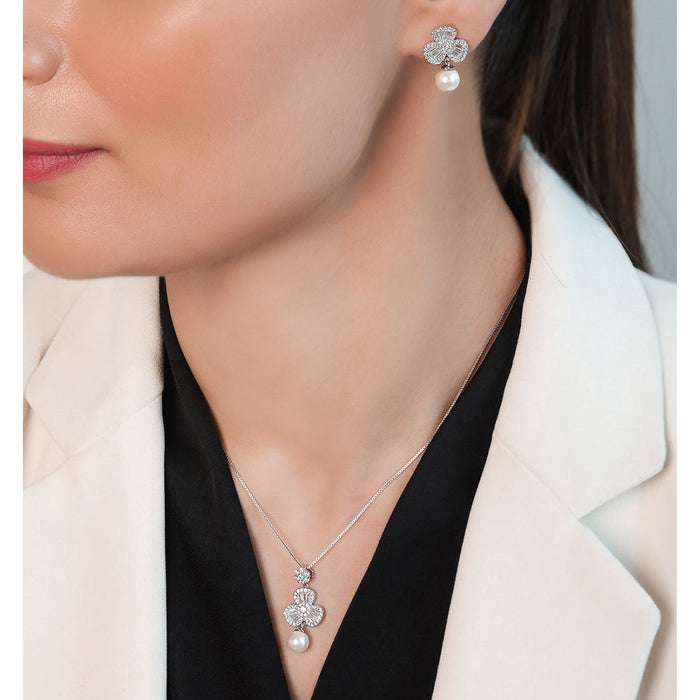 Graceful Bloom Rhodium Plated 925 Sterling Silver Jewelry Set