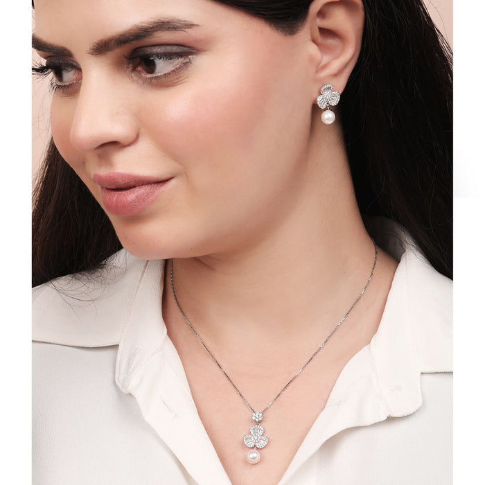 Graceful Bloom Rhodium Plated 925 Sterling Silver Jewelry Set