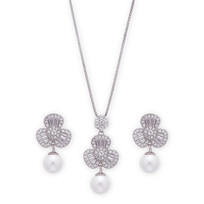 Graceful Bloom Rhodium Plated 925 Sterling Silver Jewelry Set