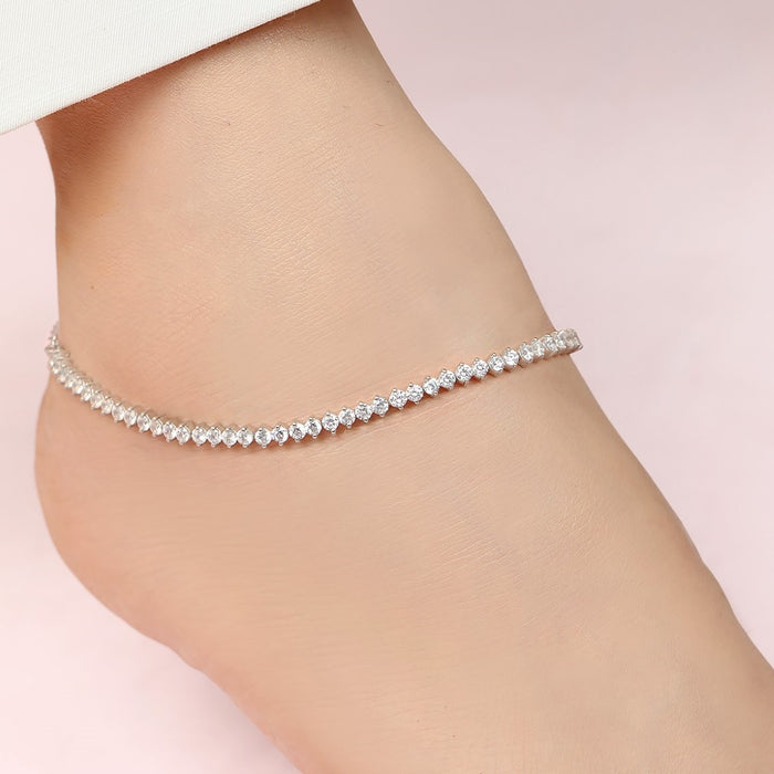 Graceful One Line Cubic Zirconia Rhodium Plated 925 Sterling Silver Anklet