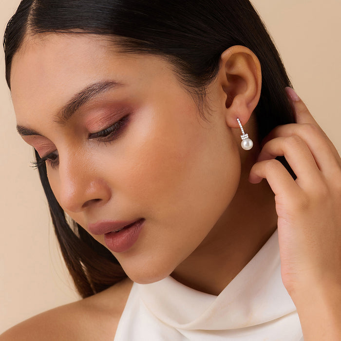Graceful Pearl Silver Rhodium Plated Earrings