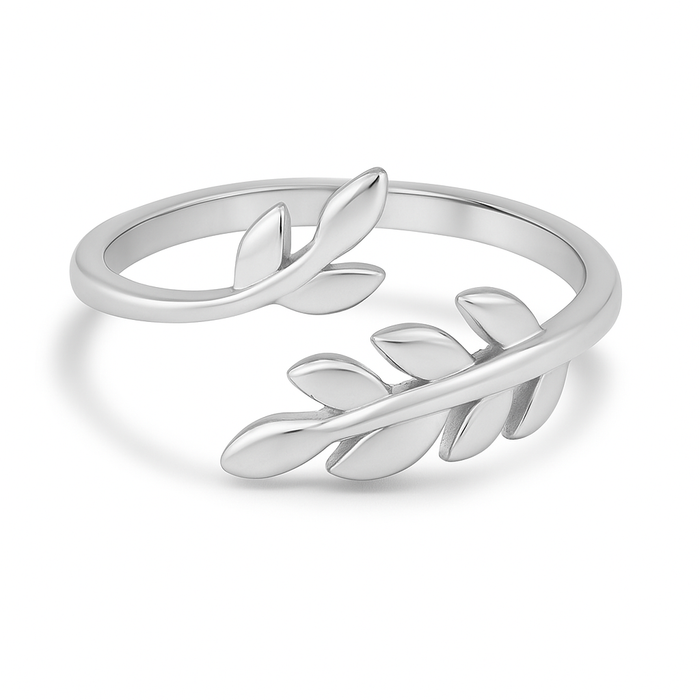 Graceful Rhodium Plated 925 Sterling Silver Leaf Ring