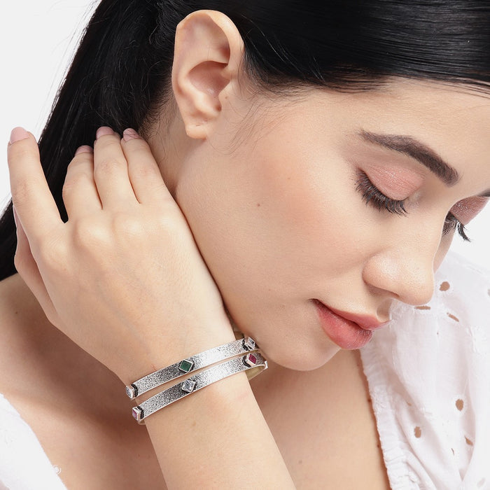 Green CZ Rhodium Plated 925 Sterling Silver Bangle