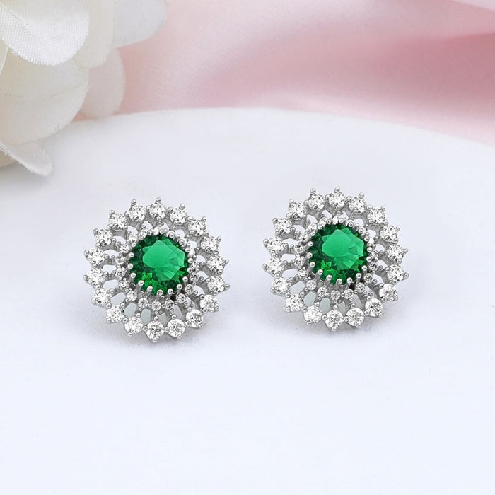 Green Floral Rhodium Plated 925 Sterling Silver Earrings