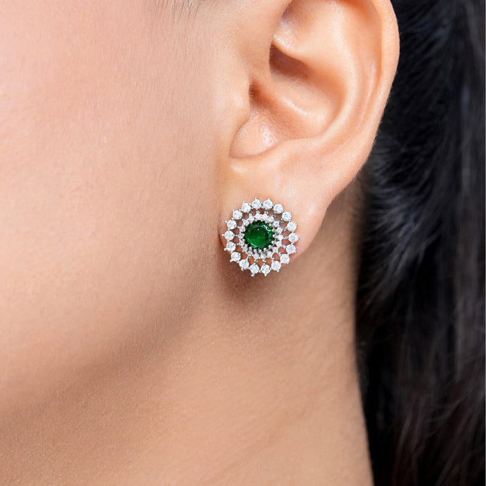 Green Floral Rhodium Plated 925 Sterling Silver Earrings