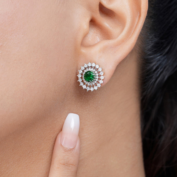 Green Floral Rhodium Plated 925 Sterling Silver Earrings