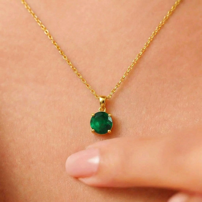 Green Solitaire Gold Plated 925 Silver Pendant with Link Chain