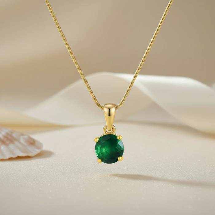 Green Solitaire Gold Plated 925 Sterling Silver Pendant with Snake Chain
