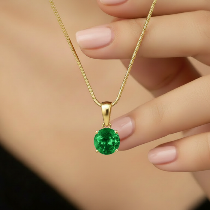 Green Solitaire Gold Plated 925 Sterling Silver Pendant with Snake Chain