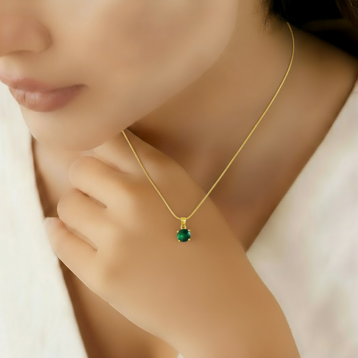 Green Solitaire Gold Plated 925 Sterling Silver Pendant with Snake Chain