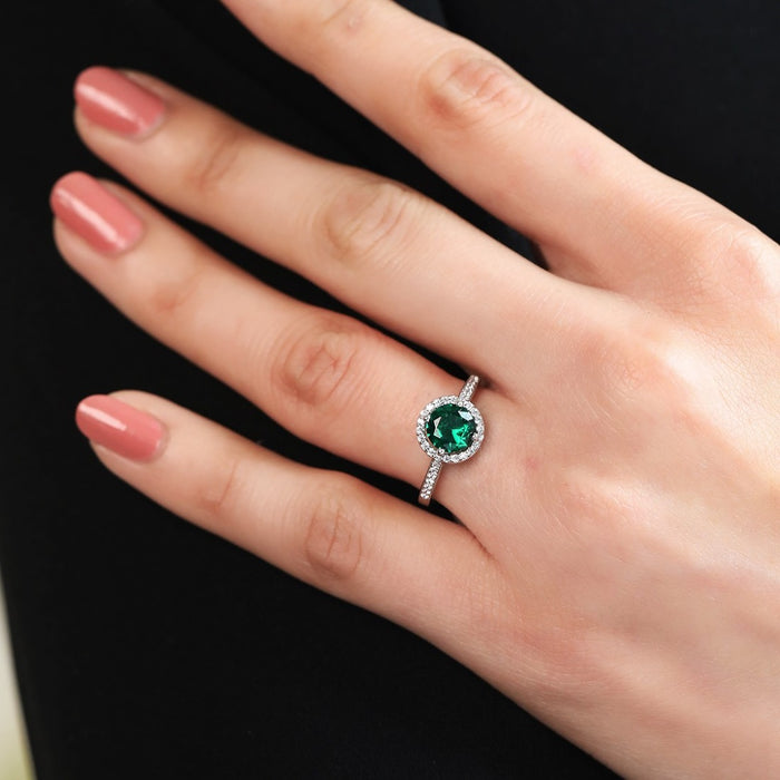 Green Solitaire Halo CZ Studded Rhodium Plated 925 Sterling Silver Ring (Adjustable)