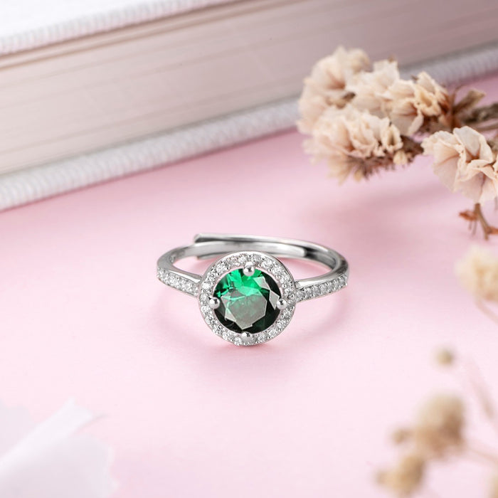 Green Solitaire Halo CZ Studded Rhodium Plated 925 Sterling Silver Ring (Adjustable)