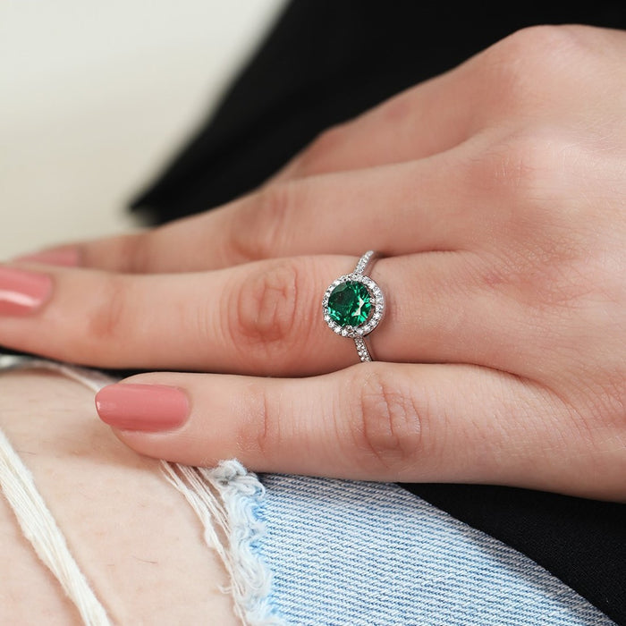 Green Solitaire Halo CZ Studded Rhodium Plated 925 Sterling Silver Ring (Adjustable)
