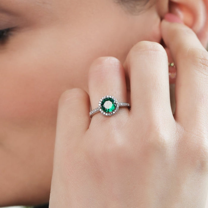 Green Solitaire Halo CZ Studded Rhodium Plated 925 Sterling Silver Ring (Adjustable)