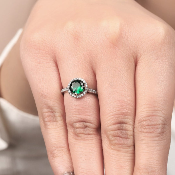 Green Solitaire Halo CZ Studded Rhodium Plated 925 Sterling Silver Ring (Adjustable)
