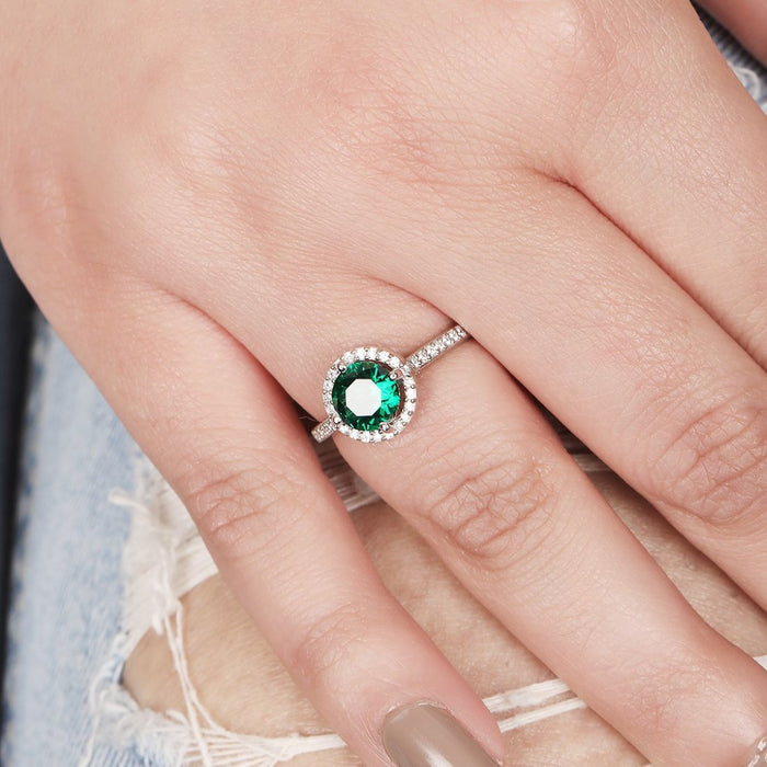 Green Solitaire Halo CZ Studded Rhodium Plated 925 Sterling Silver Ring (Adjustable)