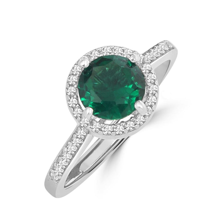 Green Solitaire Halo CZ Studded Rhodium Plated 925 Sterling Silver Ring (Adjustable)