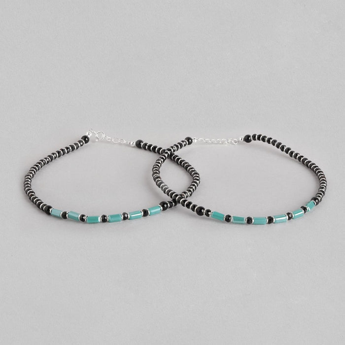 Green Stone with Black Beads 925 Sterling Silver Anklet