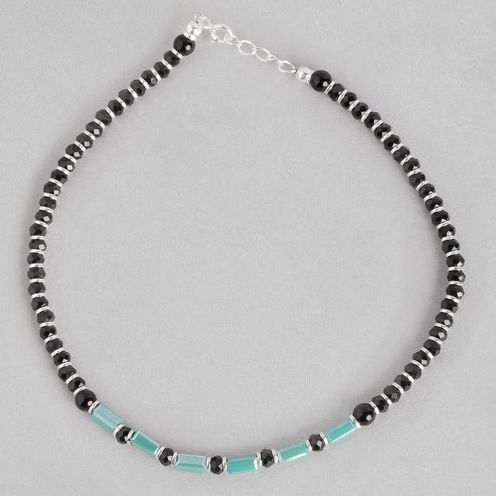 Green Stone with Black Beads 925 Sterling Silver Anklet