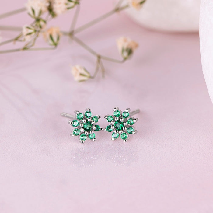 Green Stones Star Rhodium Plated 925 Sterling Silver Stud