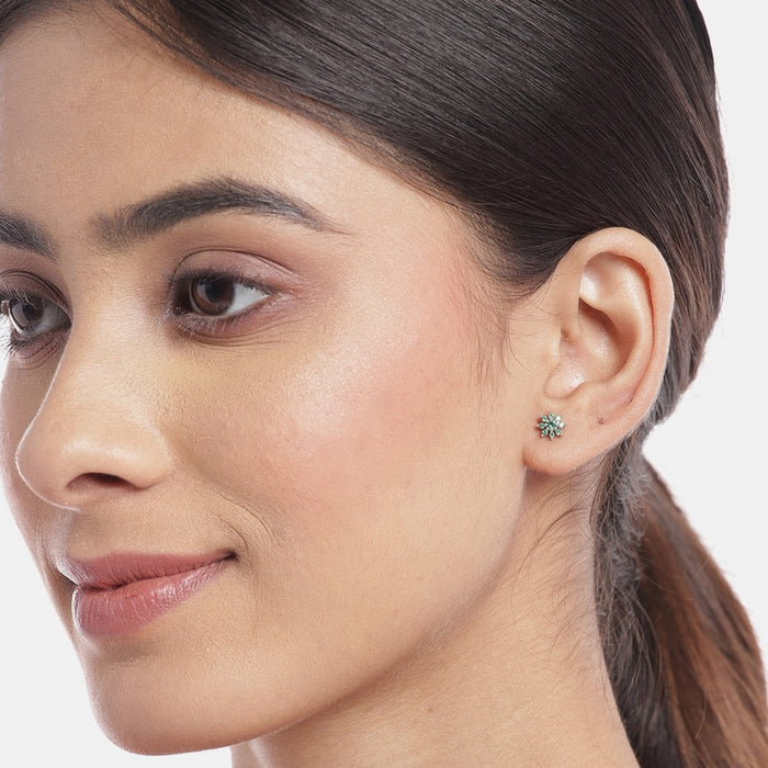 Green Stones Star Rhodium Plated 925 Sterling Silver Stud