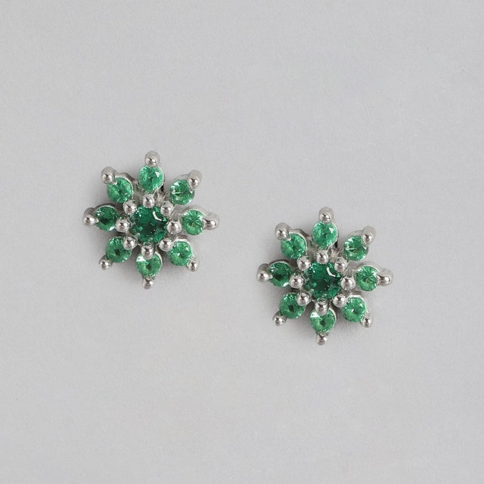 Green Stones Star Rhodium Plated 925 Sterling Silver Stud
